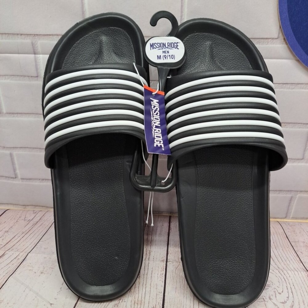 Mission Ridge Mens Slides Black White Ribbed Strap Sandals Shoes Size 9/10